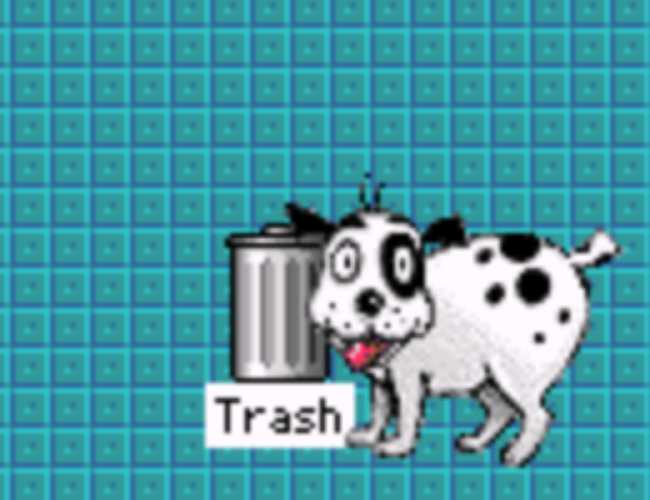 A cartoon white dog with black spots and a black ring around its left eye looking forward standing on an old Mac teal background in front of a trash-can icon helpfully labled 'Trash' under it. The dog has its mouth open and tongue out panting.