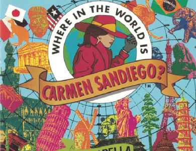 The top two-thirds of the Carmen Album cover featuring the 'Where in the World is Carmen Sandiego' logo with various images of flags and monuments behind it on a light blue background and longitude and latitude lines.