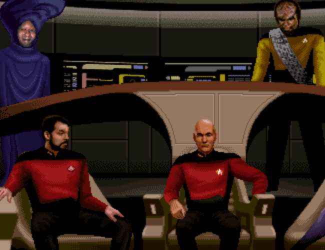 Captain Picard, Commander Riker, and Lieutenant Worf all stationed at their posts on the bridge of the USS enterprise captured in glorious pixel art. Also, Guinan is there for some reason.