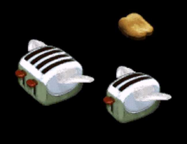 A trio of sprites on black background. On the left is a winged four-slice toaster. To the right is a winged two-slice toaster with a peice of toast floating above it.