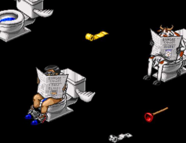 Three flying toilets, two of which are occupied. One is occupied by a bespectacled person and another occupied by a cow. Both are reading a newspaper that strategically covers anything that would make this screensaver unsuitable for children. Also in the scene are a flying plunger and flying toilet paper in yellow and cow print varieties.