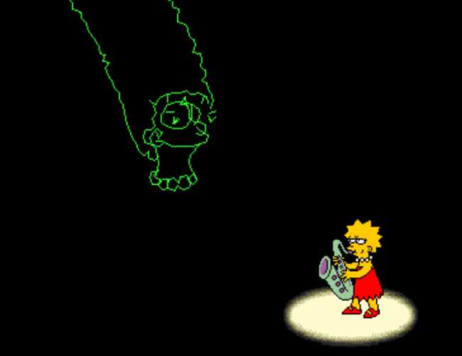 A spotlight on Lisa on an otherwise black background playing her saxaphone. A green, squiggly outline of her mother, Marge, appears to the left of Lisa.