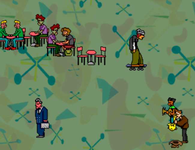 An asortment of characters on a green jazzy background. The people are riding skateboards, chatting while seated at tables, playing instruments, and walking around with briefcases.