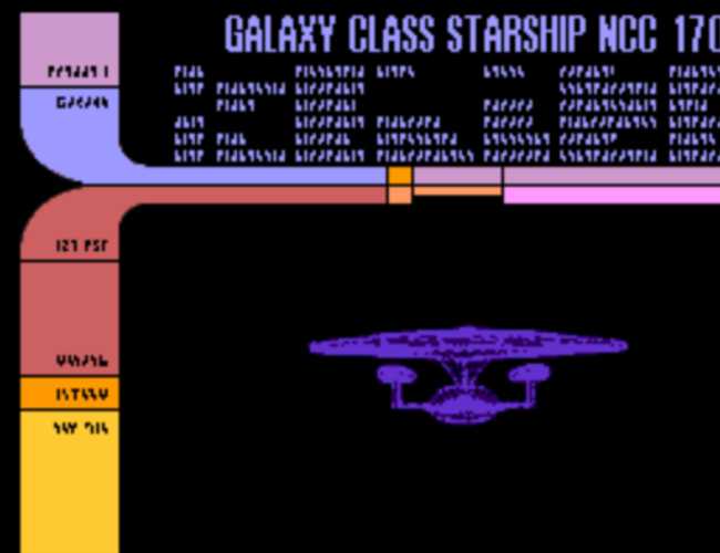 A screen depicting the LCARS operating system often seen on the USS Enterprise on the show Star Trek: The Next Generation. The interface features blue, red, yellow, and violet bars splitting the screen horizontally. A smaller area on top reads "Galaxy Class Starship NCC 170" and the rest is cut off. There are indecipherable characters below due to the resolution limitations of the time. The second larger portion on the bottom features a wireframe image of the Enterprise ship itself.
