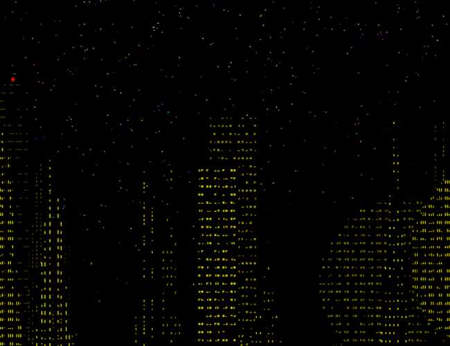 A black background with a colorful starry sky and buildings that can only be identifed as such by their illuminated yellow windows.