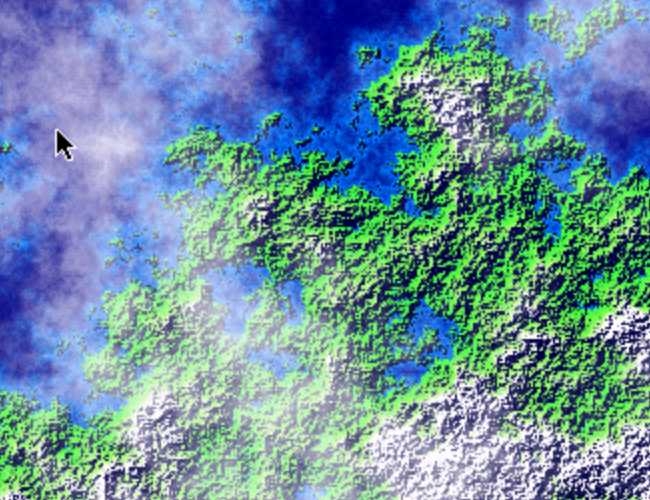 A satellite-like view of some green terrain with some snowy mountains in the center surrounded by ocean and covered with wispy clouds.