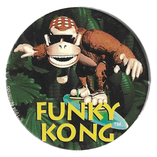 3d rendering of Funkey Kong as he appeared in Donkey Kong Country riding his surfboard.