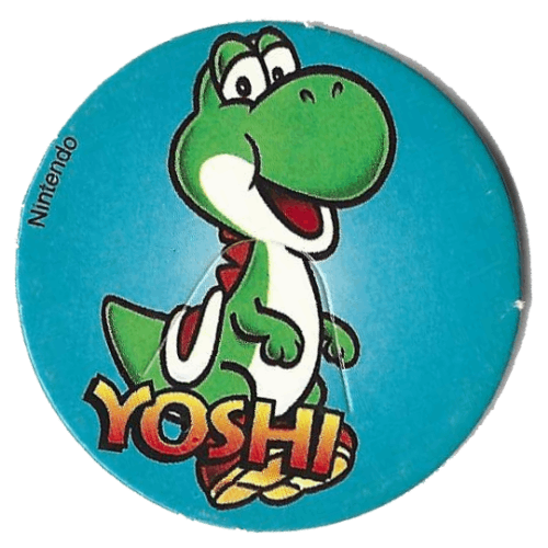 Yoshi as he appears in Super Mario World with a big smile.