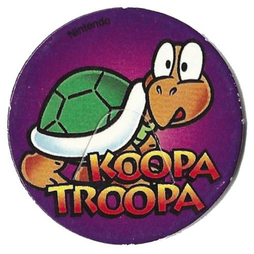 A green-shelled Koopa Troopa as they appeared in Super Mario Bros. facing the side but with his head turned over his shoulder with a concerned look.