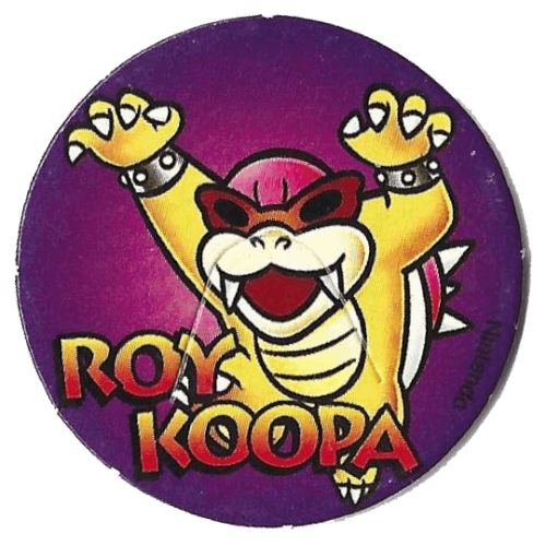 Roy Koopa as he appeared in Super Mario Bros. 3 with his arms in the air as if he is leaping forward.